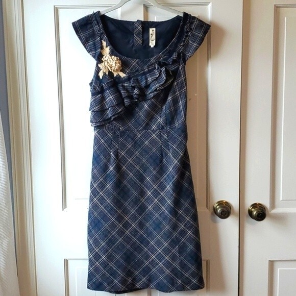 ANTHROPOLOGIE FLOREAT RUFFLE TWEED PLAID SHEATH DRESS BLUE SIZE 4 - Picture 1 of 16